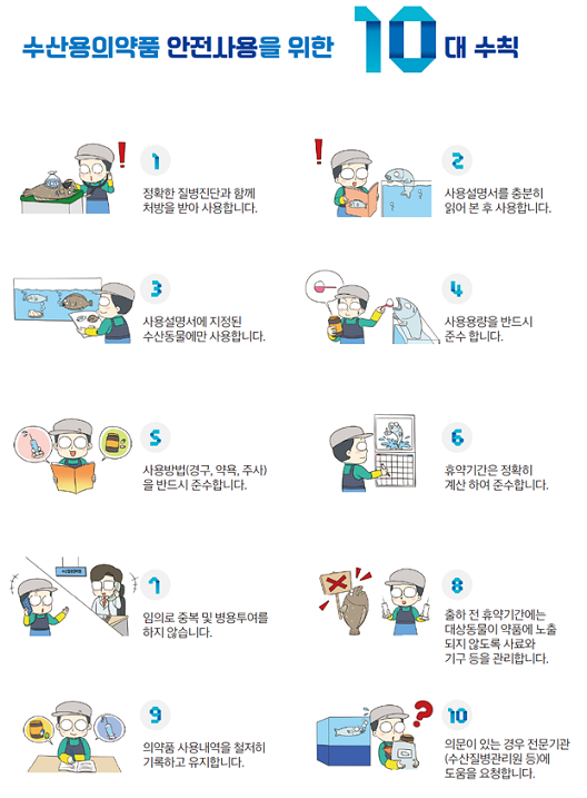 수산용의약품 안전사용을 위한 10대 수칙, 1 정확한 질병진단과 함께 처방을 받아 샤용합니다. 2 사용설명서를 충분히 읽어 본 후 사용합니다. 3 사용설명서에 지정된 수산동물에만 사용합니다. 4 사용용량을 반드시 준수합니다. 5 사용방법(경구, 약욕, 주사)을 반드시 준수합니다. 6 휴약기간은 정확히 계산하여 준수합니다. 7 임의로 중복 및 병용투여를 하지 않습니다. 8 출하 전 휴약기간에는 대상동물이 약품에 노출되지 않도록 사료와 기구 등을 관리합니다 9 의약품 사용내역을 철저히 기록하고 유지합니다. 10 의문이 있는 경우 전문기관(수산질병관리원 등)에 도움을 요청합니다.