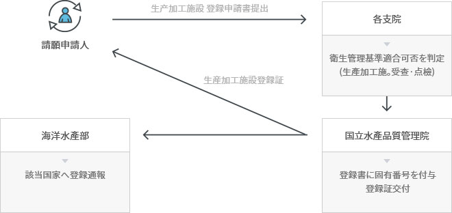 請願申請人→生产加工施設 登録申請書提出→各支院(衛生管理基準適合可否を判定(生產加工施。受查·点檢))→国立水產品質管理院(登録書に固有番号を付与登録証交付)→生産加工施設登録証, 海洋水產部(該当国家へ登録通報)