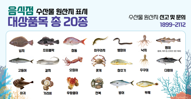 음식점 수산물 원산지 표시 대상품목 총 20종. 수산물 원산지 신고 및 문의: 1899-2112. 넙치, 조피볼락, 참돔, 미꾸라지, 뱀장어, 낙지, 명태(황태, 북어 등 건조한 것은 제외), 고등어, 갈치, 오징어, 꽃게 참조기, 주꾸미, 다랑어, 아귀, 가리비, 우렁쉥이, 전복, 방어, 부세